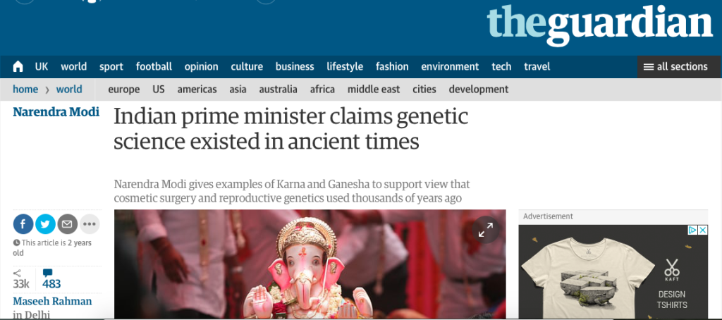 Il quotidiano THE GUARDIAN del 28 ottobre 2014 in cui il Primo Ministro indiano Modi affermava pubblicamente che la genetica esisteva già nell'antica India.
