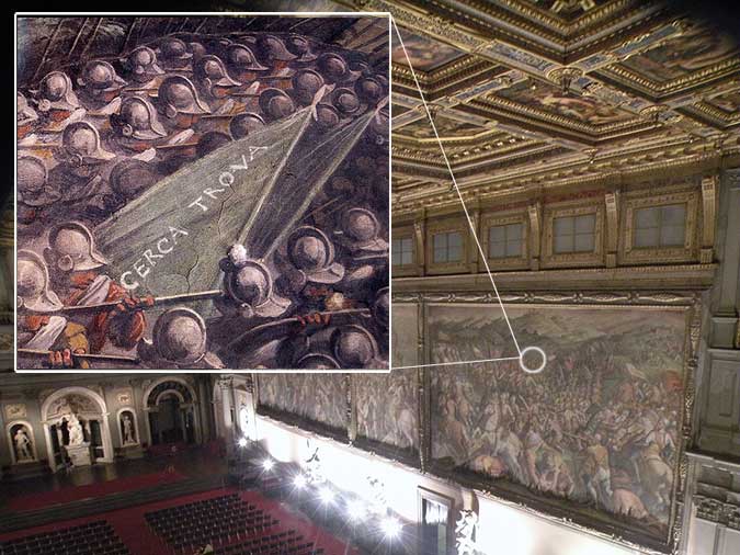 Salone dei 500 in Palazzo Vecchio, un dettaglio dell'affresco del Vasari con la scritta "Cerca Troca".