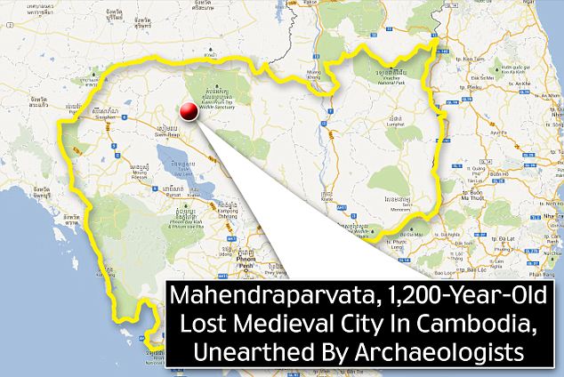 Mappa con la collocazione spaziale di Mahendraparvata, distante 40 km da Angkor Wat