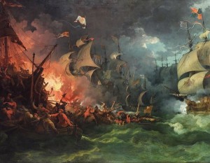 La sconfitta dell’Invincibile Armada, 8 agosto 1588 di Philippe-Jacques de Loutherbourg, dipinto nel 1796 (wikipedia)