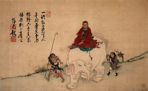 Bodhidharma_on_Elephant_Yiran_Inscription_by_Yinyuan_color_on_silk_hanging_scroll